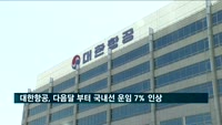 대한항공, 6월 1일부터 국내선 운임 7% 인상