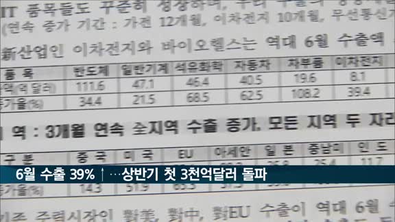 6월 수출 39.7% 증가…상반기 누적 첫 3천억 달러 돌파