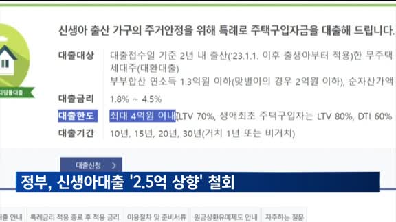 정부, 신생아대출 '연소득 2.5억' 상향 없던 일로